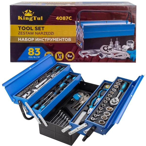 Набор инструментов 83пр. 1/4'', 1/2''(6гр.),в складном металлическом ящике