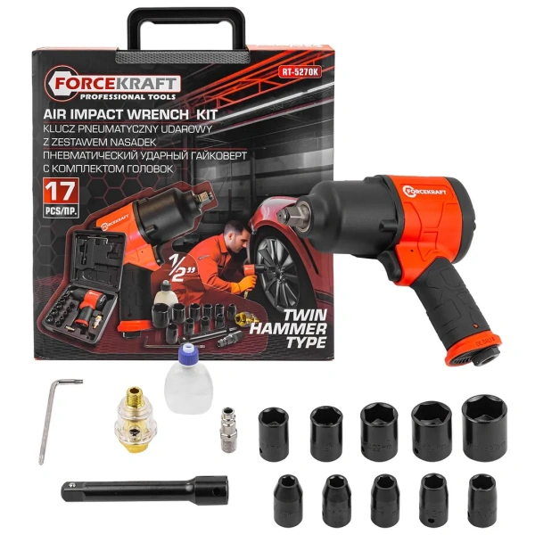 Пневмогайковерт ударный''Twin Hammer''срегулировкой1/2''+набор головок(9-11,13,14,17,19,22,24,27мм,720Hм,7500об/мин,6.3bar,236л/мин+лубр.-р+ штуцер)