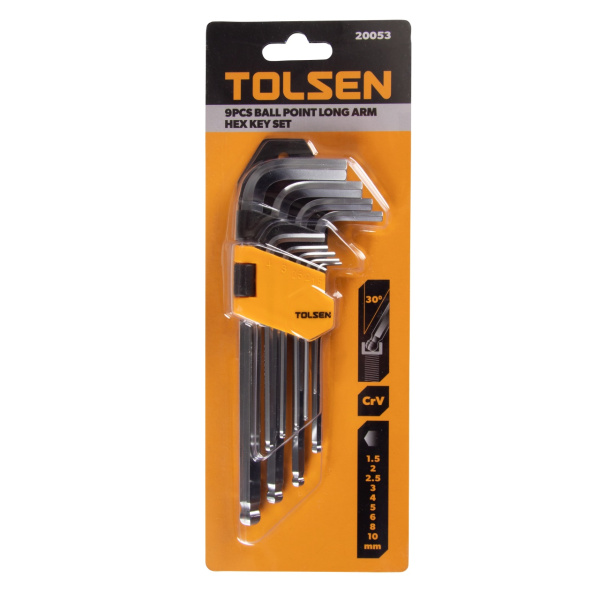 Набор Г-образных шестигранников 1,5-10 мм удлиненные с шаровым окончанием 9 предметов TOLSEN TT20053
