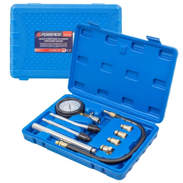 Индикатор компрессии бензинового двигателя Profi 8пр.(0-21Bar, М10, М12, М14, М18 + 2 жестких прижимных адаптера-переходника) , в кейсе