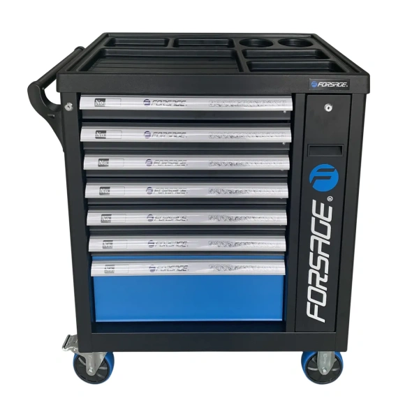 Тележка инструментальная 7-ми полочная (синяя), с дополнительной боковой секцией, 600х790х970 (полки:65х500х395-6шт,200х500х395мм-1шт)