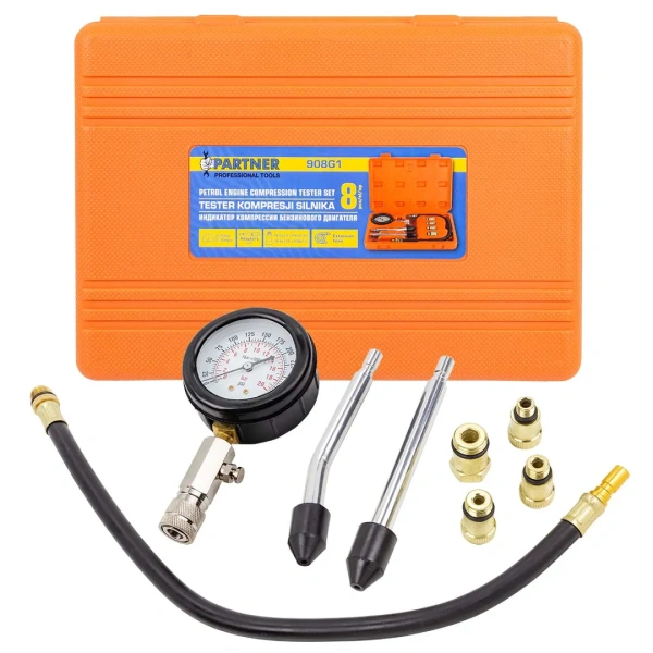 Индикатор компрессии бензинового двигателя 8пр.(0-20Bar, М10х1.0, М12х1.25, М14х1.25, М18х1.5 + 2 жестких прижимных адаптера-переходника),в кейсе