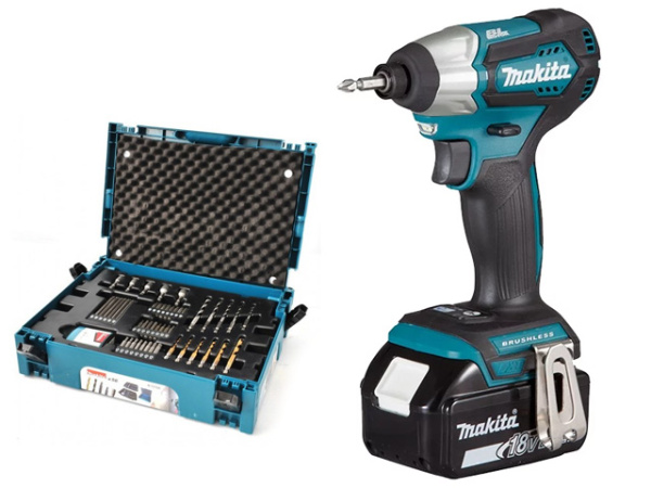 Аккум. шуруповерт MAKITA DTD 155 RFE в чем. + Набор оснастки MAKITA 56 предметов (B-53768) (18.0 В, 2 акк., 3.0 А/ч Li-Ion, 1 скор., 135 Нм, шурупы до