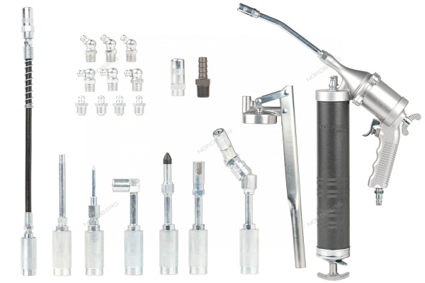 Шприц плунжерный пневматический с поворотом рукоятки и насадками в кейсе NORDBERG NO3404 (400 мл)