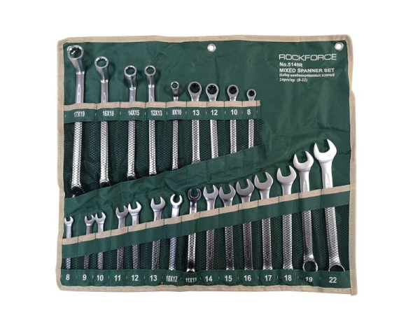 Набор ключей универсальный 24пр,комбинированные 13пр(8-22мм)накидные75гр(8х10-17х19мм)разрезные 2пр(10х12,11х13мм)трещоточные 4 пр(8-13мм) на полотне