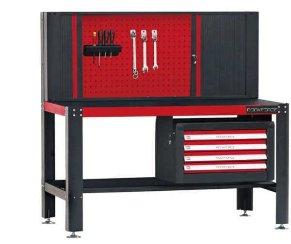 Верстак метал.-й с защитной накладкой на столешнице(790х1440х1500), навесным 4-х полочным ящиком(400х470х690)и шкафом перфорированным(190х600х1500мм)