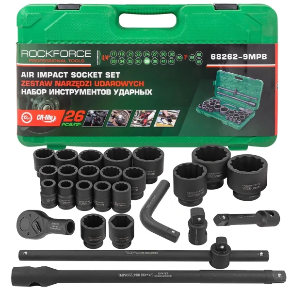 Набор инструментов ударных 26пр, 3/4''1''(12гр.)(17,19,22,24,27,30,32,33,34,35,36,36-6гр,38,41,46,50мм,1'':55,60,65мм)