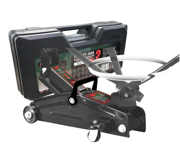 Домкрат подкатной гидравлический 2 т с вращающейся ручкой 180° и резиновой накладкой (h min 140мм, h max 340мм,вес 10 кг) в кейсе