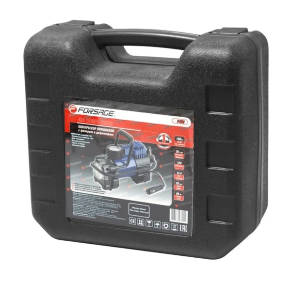 Компрессор поршневой автомобильный с фонарем в пластиковом кейсе F-001 ''FORSAGE''(35л/мин, 14А) 12V