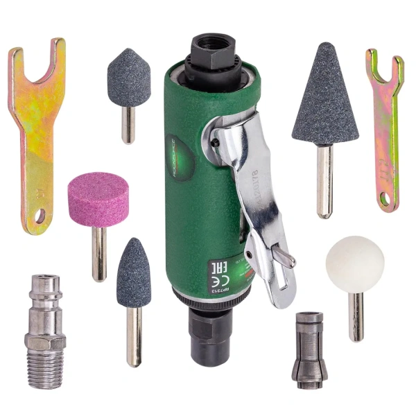 Пневмозачистная машинка с комплектом камней 11пр(цанги:3мм,6мм25000об/мин, 85л/мин,6.3Bar,штуцер 1/4'',штуцер 1/4'')