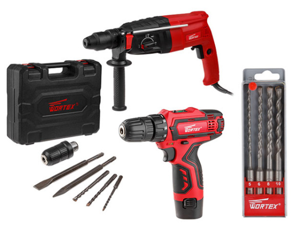 Перфоратор WORTEX RH 2829 в чем. + (2 зубила, 3 сверла) + АКЦИЯ (Перфоратор WORTEX RH 2829 + АКЦИЯ(Аккум. дрель-шуруповерт WORTEX BD 1213 Li)+Набор бу