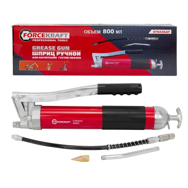 Шприц для нагнетания густой смазки ручной 800мл в комплекте с жестким(L-140мм) и гибким(L-300мм) наконечниками (2 штока,''под закладку'')