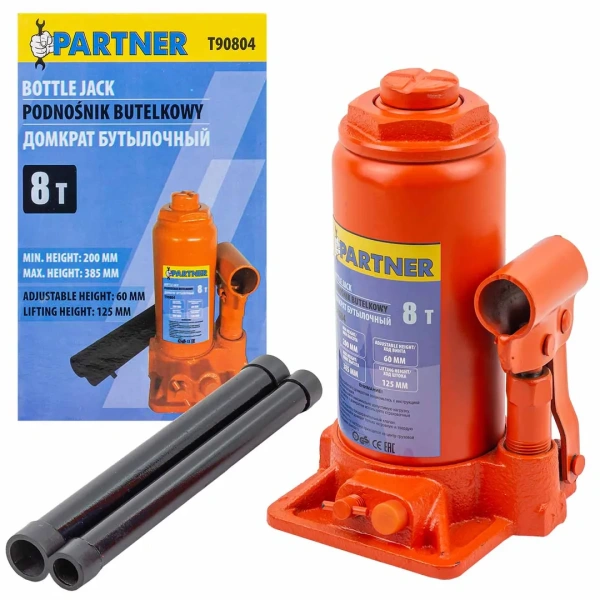 Домкрат бутылочный 8т с клапаном (h min 200мм, h max 385мм, ход штока-125мм, ход винта-60мм)