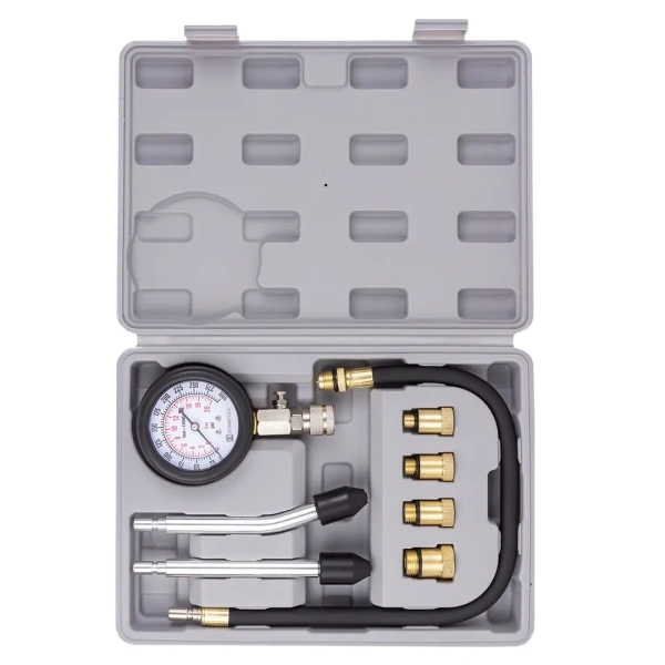 Индикатор компрессии бензинового двигателя 8пр.(0-20Bar, М10х1.0, М12х1.25, М14х1.25, М18х1.5 + 2 жестких прижимных адаптера-переходника),в кейсе