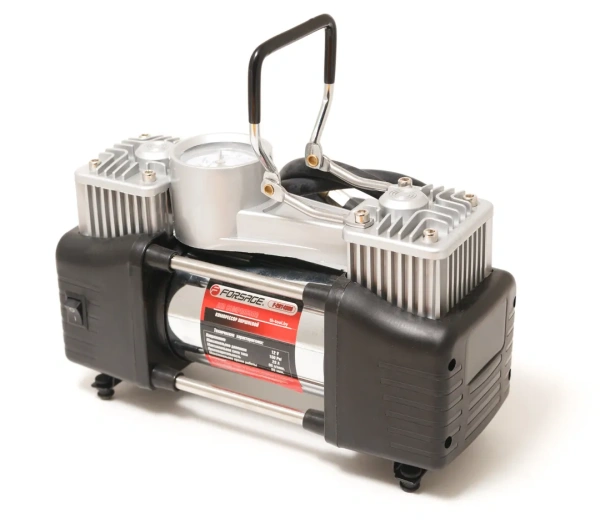 Компрессор поршневой автомобильный двухцилиндровый с фонарем в пластиковом кейсе F-2014360 ''FORSAGE''(65л/мин, 23А) 12V