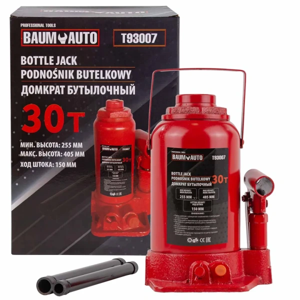 Домкрат бутылочный 30т с клапаном (h min-255мм, h max-405мм, ход штока-150мм)