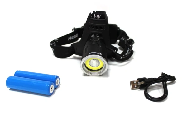 Фонарь светодиодный аккумуляторный налобный (5W COB LED1500Lm,,2000mAh,зарядка12V,время раб.4ч,время заряд.6ч,защита гнезда зарядки)