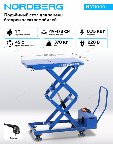 Стол подъемный электрогидравлический для АКБ электромобиля NORDBERG N3T1000H (1000 кг)