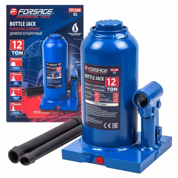 Домкрат гидравлический бутылочный, 12т (с предохранительным клапаном, минимальная высота: 200 мм, ход штока: 110 мм, ход винта: 60 мм, максимальная вы