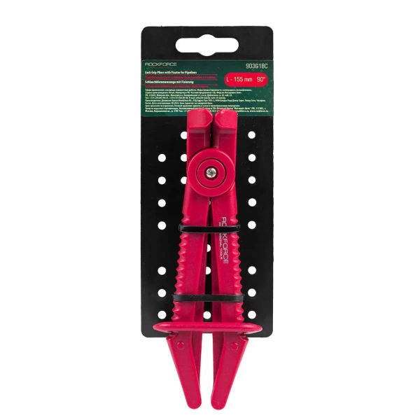 Зажим пластиковый для шлангов с фиксатором изогнутый 90°(L-155мм), на пластиковом держателе