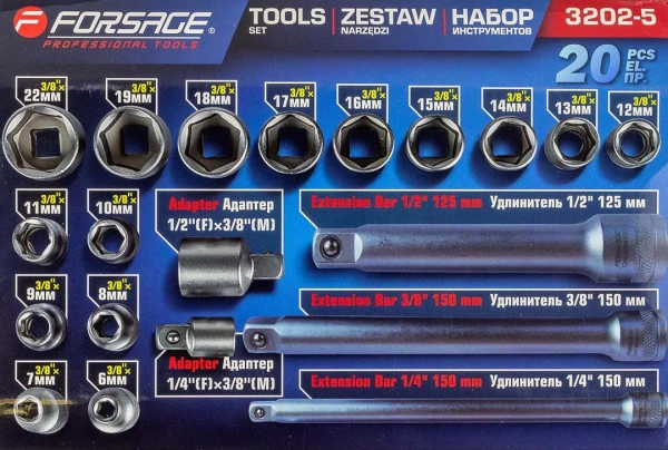 Набор инструментов 3/8' 20пр. 6гр. (6-22мм) в пласт.кейсе