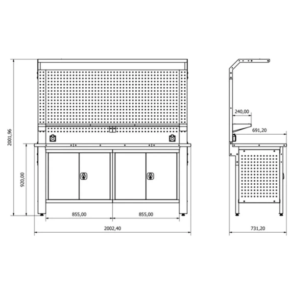 Верстак металический 730х2000х2000мм(столешница 690х2000мм, перфорация 1080х2000мм, боковые перфорации 500х600мм, ящики навесные 2-х створчатые-2шт,)