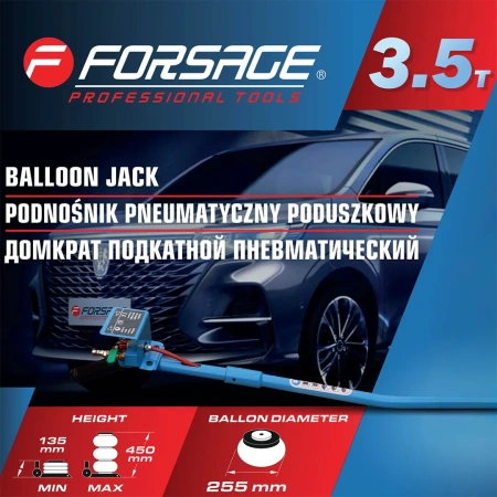 Домкрат подкатной пневматический 3,5т(6-12bar, h min 135мм, h max 450мм, 3 подушки, Ø270мм)