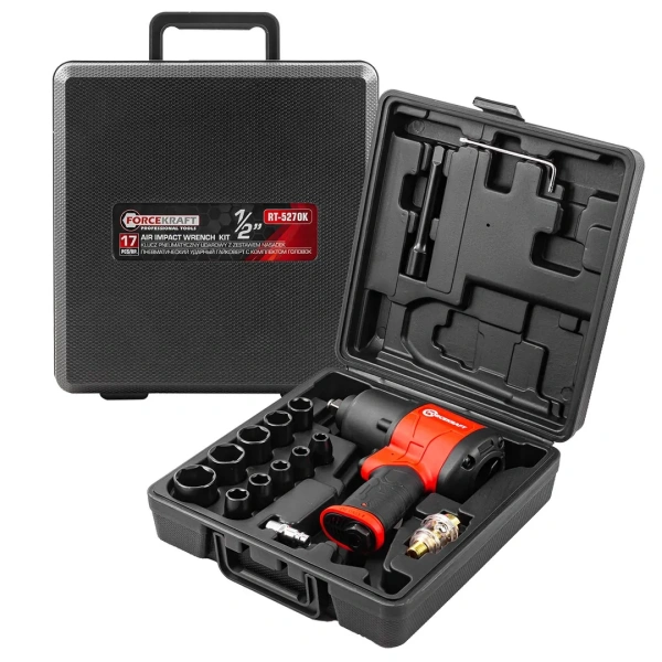 Пневмогайковерт ударный''Twin Hammer''срегулировкой1/2''+набор головок(9-11,13,14,17,19,22,24,27мм,720Hм,7500об/мин,6.3bar,236л/мин+лубр.-р+ штуцер)