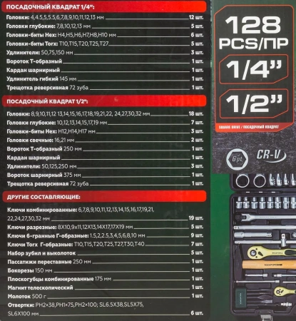 Набор инструментов 128 пр.1/4''1/2''(6гр.)(головки 4-32мм, ключи 6-32мм)