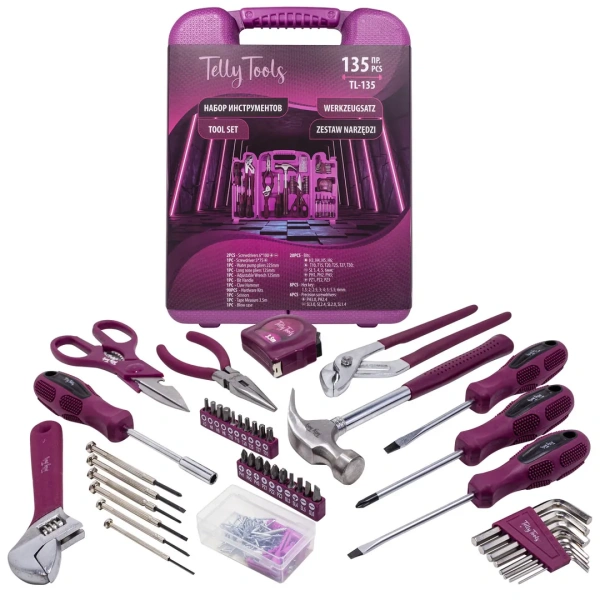 Набор инструментов 135пр.(шарнирно-губцевый,отвертки,биты,молоток,рулетка,расходник)в кейсе