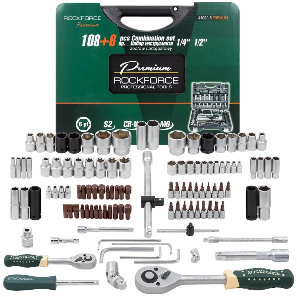 Набор инструментов 108+6пр.1/4''1/2''(6гр.)+(гол.-бита1/4'':T40,биты 5/16'':М5,6,8,10,12,14,головка 1/2''8мм,ключиГ-обр.:4,5,6мм,T20H,T25H, удл. гибк.1/4'')
