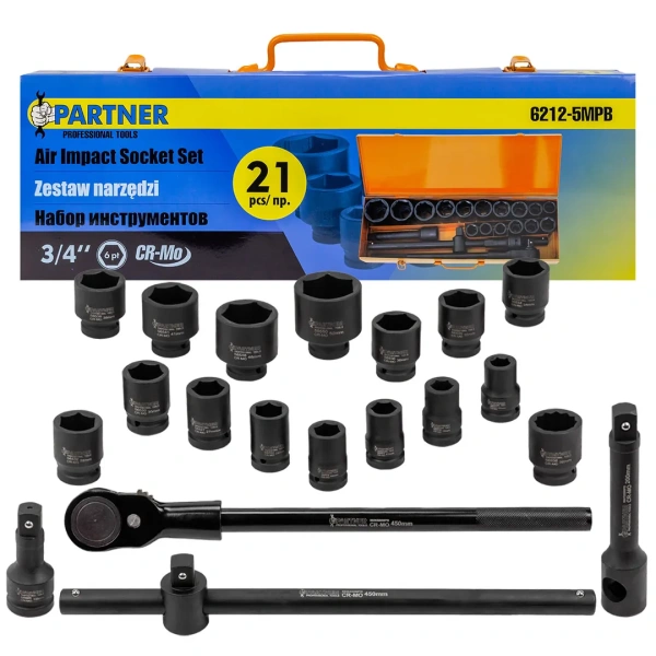 Набор инструментов ударных 21пр, 3/4''(6гр.)(17,19,21,22,24,27,30,32,34,35,36,36-12гр.,38,41,46,50мм), в метал.кейсе