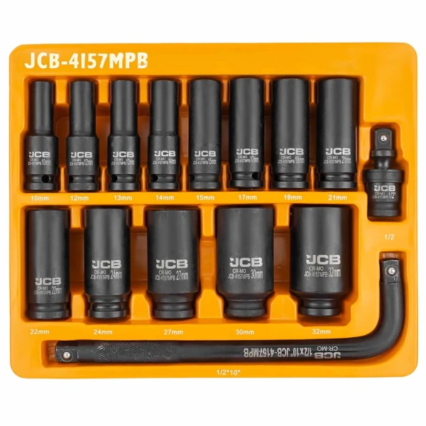 Набор головок ударных глубоких 6-гр. 1/2'',15пр. (10-32мм, вороток Г-обр., кардан) в ложементе