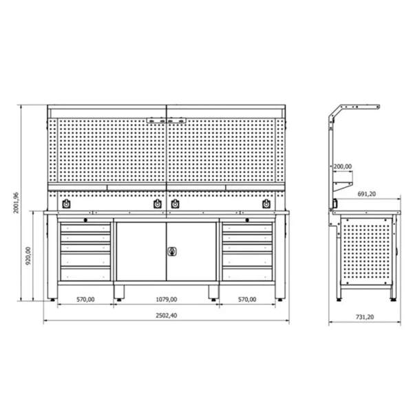 Верстак металический 730х2000х2500мм(столешница 690х2500мм,перфорация1080х2500мм,бок перфорации500х600мм,ящик навес 2-х створч.-1шт,ящик навес5 полок-
