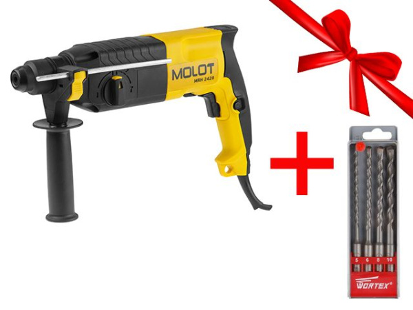 Перфоратор MOLOT MRH 2428 в чем. + (2 зубила, 3 сверла)+ АКЦИЯ! Набор буров в подарок! (Набор буров (сверл) SDS-plus 4 шт. WORTEX в подарок!)