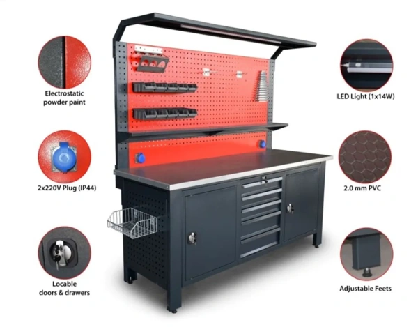 Верстак металический 730х2000х2000мм(столешница 690х2000мм,перфорация1080х2000мм,бок перфорации500х600мм,ящики навес1-а створч.-2шт,ящик навес5 полок)