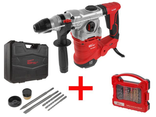 Перфоратор WORTEX RH 3239 F в чем. + (2 зубила, 3 сверла) + АКЦИЯ! (Набор оснастки WORTEX CDS 41 (0327045) в ПОДАРОК!)