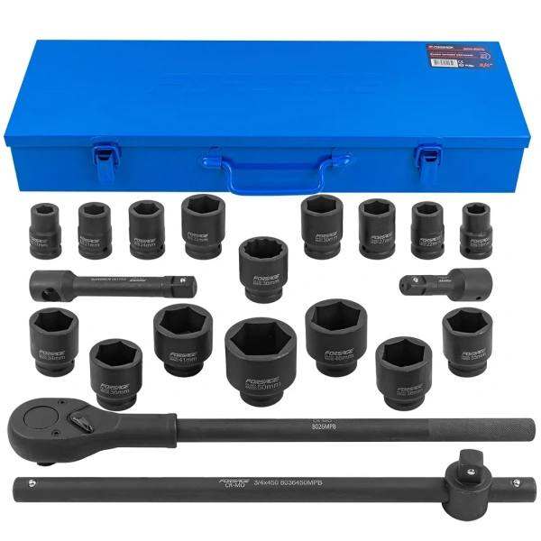 Набор инструментов ударных 3/4'', 6гр, 21пр(17,19,21,22,24,27,30,32,34,35,36,36-12гр,38,41,46,50мм), в металл.кейсе