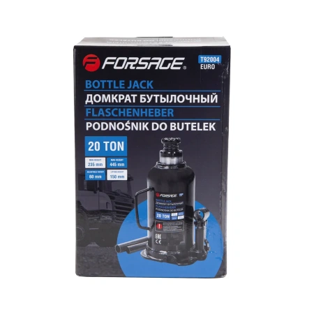 Домкрат бутылочный 20т EURO с клапаном (высота подхвата-235мм, высота подъема-445мм, ход штока-150мм, ход винта-60мм)