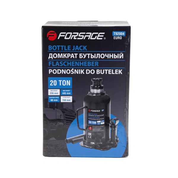 Домкрат бутылочный 20т EURO с клапаном (высота подхвата-235мм, высота подъема-445мм, ход штока-150мм, ход винта-60мм)
