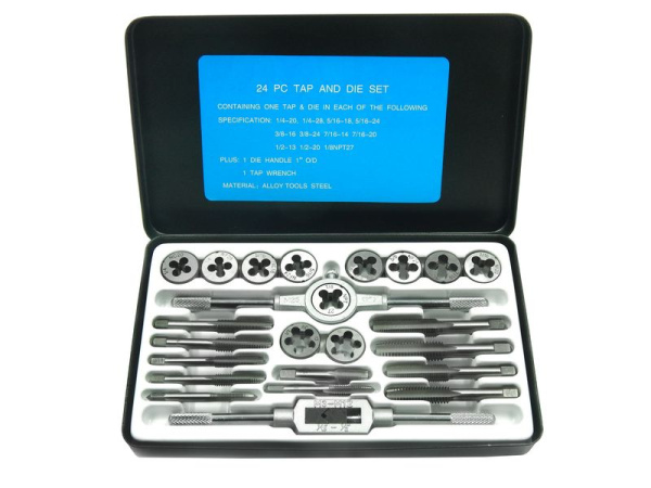 Набор метчиков и плашек дюймовый 24пр. (1/8,1/4, 5/16, 3/8, 7/16, 1/2), в металлическом кейсе