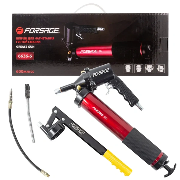 Шприц ручной+пневматический для нагнетания густой смазки 600мл в комплекте с жестким(L-180мм) и гибким(L-330мм) наконечником (''под тубу'')