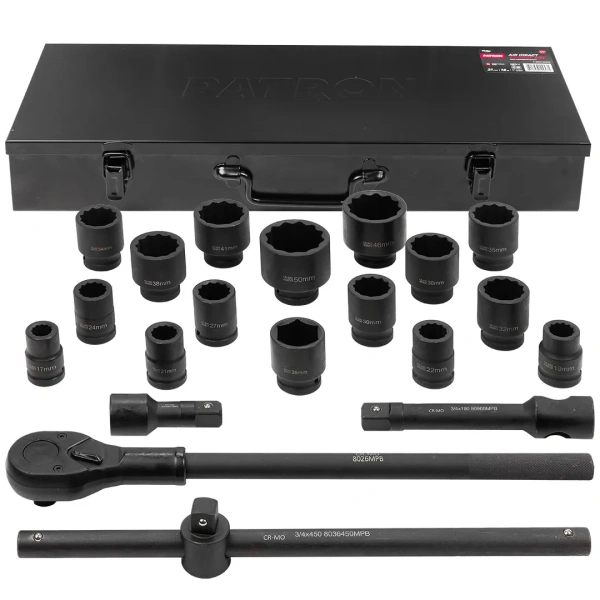 Набор инструментов ударных 21пр, 3/4''(12гр.)(17,19,21,22,24,27,30,32,34,35,36,36-12гр.,38,41,46,50мм), в метал. кейсе