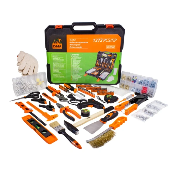 Набор инструментов 1372пр.1/4''(6-гр.) (5-13мм, шарнирно-губцевый,биты,молоток,рулетка,уровень,клеевой пистолет,расходник)