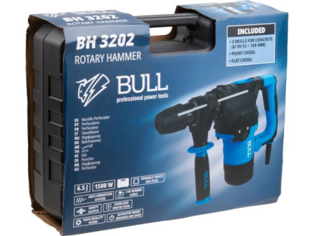 Перфоратор BULL BH 3202 в чем. 1500 Вт, 6,5 Дж, 32 мм, 2 реж. + 2 зуб., 3 сверла, SDS-plus