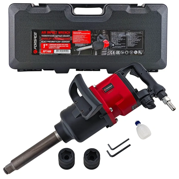 Пневмогайковерт ударный с длинным валом,реверсом и регулировкой усилия 1''+головки 32,33мм(3100Hм,3600об/мин,6.3bar,420 л/мин,16.3кг)