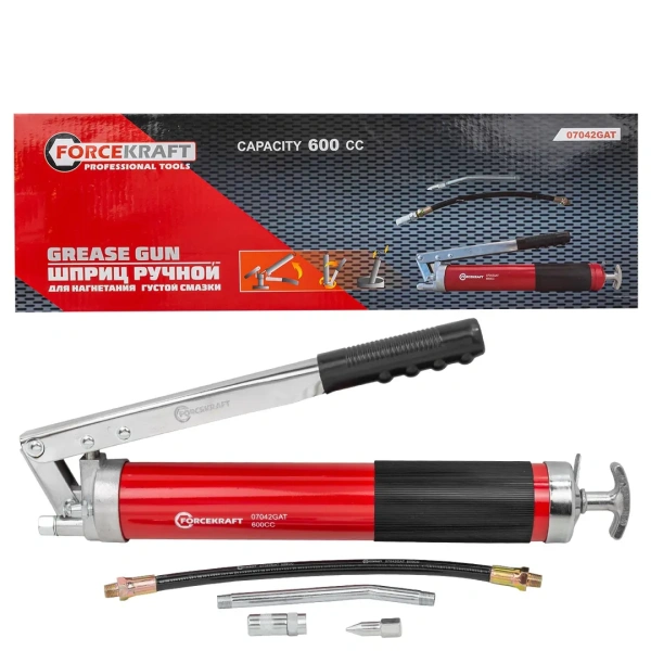 Шприц для нагнетания густой смазки ручной 600мл в комплекте с жестким(L-140мм) и гибким(L-300мм) наконечниками (2 штока,''под закладку'')