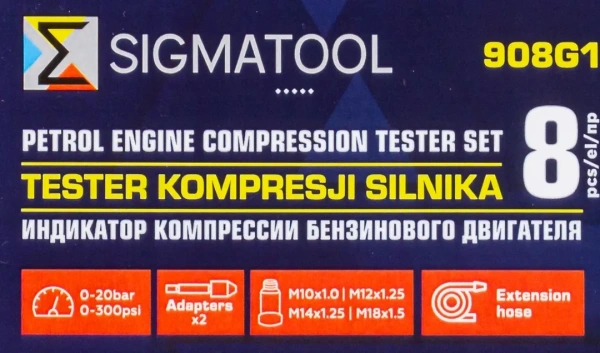 Индикатор компрессии бензинового двигателя 8пр.(0-20Bar, М10х1.0, М12х1.25, М14х1.25, М18х1.5 + 2 жестких прижимных адаптера-переходника),в кейсе