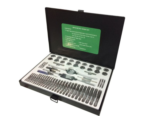 Набор метчиков и плашек метрический 58пр. (М3х0.5/0.6, М3.5х0.6, М4х0.7/0.75, М5х0.8/0.9, М6х0.75/1, М7х0.75/1,М8х1/1.25, М10х1.25/1.5, М12х1.25/1.75)