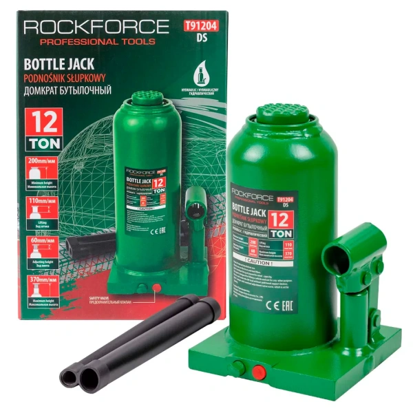 Домкрат гидравлический бутылочный, 12т (с предохранительным клапаном, минимальная высота: 200 мм, ход штока: 110 мм, ход винта: 60 мм, максимальная вы